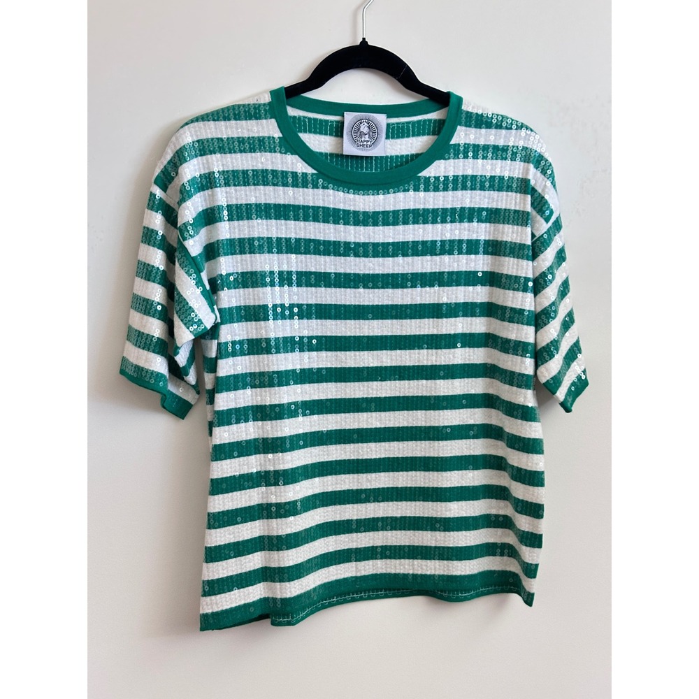 Happy Sheep Green ANTHRO White Striped Sequin Cotton Knit Top Short Sleeve Small